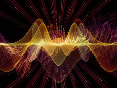 Dalga Fonksiyonu serisi. Ses eşitleyici, müzik spektrumu ve kuantum olasılığı üzerine renkli sinüs titreşimleri, ışık ve fraktal elementlerin arkaplanı