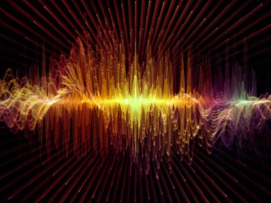 Dalga Fonksiyonu serisi. Ses eşitleyici, müzik spektrumu ve kuantum olasılığı üzerine renkli sinüs titreşimleri, ışık ve fraktal elementlerin arkaplanı