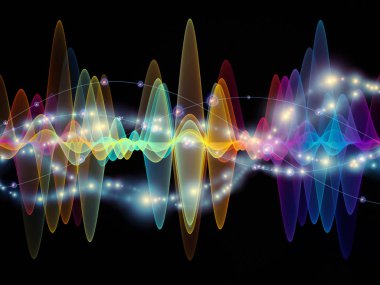Dalga fonksiyonu serisi. Renkli sinüs titreşimlerin yaratıcı düzenleme, ışık ve fraktal elemanları kavramı mecaz ses ekolayzer, konuyla ilgili olarak müzik spektrum ve kuantum olasılık