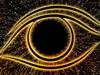 Bilgi serisi gözü. Görsel olarak inşaat üstünde bilim, eğitim ve modern teknoloji için göz simgesini ve ok patlama bileşimi hoş