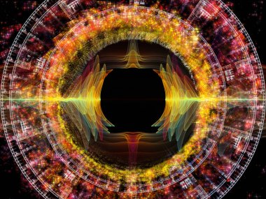 Dalga Fonksiyonu serisi. Ses eşitleyici, müzik spektrumu ve kuantum olasılığı için renkli sinüs titreşimleri, ışık ve fraktal elementlerin grafiksel bileşimi