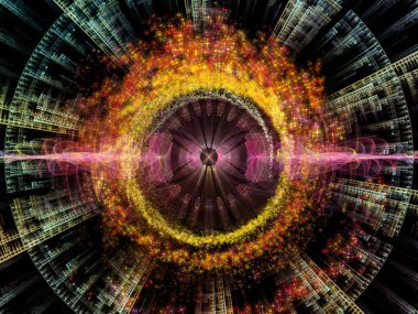 Dalga Fonksiyonu serisi. Renkli sinüs titreşimlerinden, ses eşitleyicisi, müzik spektrumu ve kuantum olasılığına uygun ışık ve fraktal elementlerden oluşan görsel çekici arkaplan