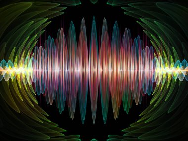 Dalga Fonksiyonu serisi. Ses eşitleyici, müzik spektrumu ve kuantum olasılığıyla ilgili projeler için arkaplan görevi görecek renkli sinüs titreşimleri, ışık ve fraktal elementlerden oluşan tasarım