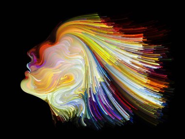 Renk serisinin yüzü. İnsan profilinin düzenlenmesi ve yaratıcılık, tasarım, iç dünya, insan doğası ve sanatsal ruh konularında renkli çizgiler