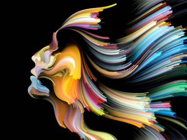 Yüz renk serisi. Arka plan tasarım insan profili ve yaratıcılık, tasarım, iç dünya, içgüdü ve sanatsal ruh konusunda boya hareketli renkli çizgiler