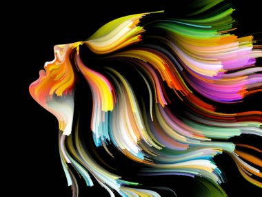 Yüz renk serisi. Tasarım insan profili ve boya bir metafor olarak yaratıcılık, tasarım, iç dünya, içgüdü ve sanatsal ruh konusunda hareketli renkli çizgiler oluşur