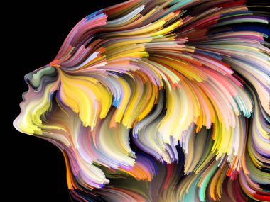 Yüz renk serisi. Sanatsal soyutlama insan profili ve yaratıcılık, tasarım, iç dünya, içgüdü ve sanatsal ruh konusunda boya hareketli renkli çizgiler oluşur