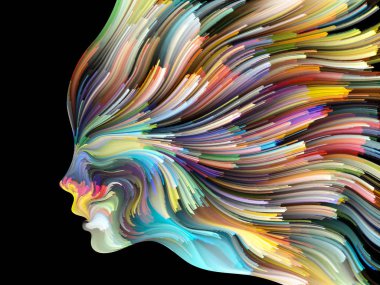 Yüz renk serisi. Sanatsal soyutlama insan profili ve yaratıcılık, tasarım, iç dünya, içgüdü ve sanatsal ruh konusunda boya hareketli renkli çizgiler oluşur