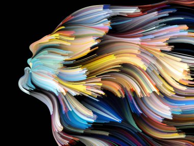 Yüz renk serisi. Tasarım insan profili ve boya bir metafor olarak yaratıcılık, tasarım, iç dünya, içgüdü ve sanatsal ruh konusunda hareketli renkli çizgiler oluşur