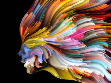 Yüz renk serisi. İnsan profili ve yaratıcılık, tasarım, iç dünya, içgüdü ve sanatsal ruhu projelerde kullanılmak üzere boya hareketli renkli çizgiler arka plan yapılmış