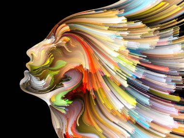 Yüz renk serisi. İnsan profili ve yaratıcılık, tasarım, iç dünya, içgüdü ve sanatsal ruhu boya mecazi ilişki ile hareketli renkli çizgiler bileşimi