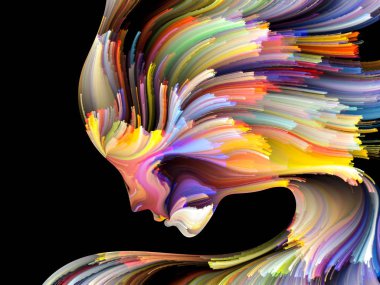 Yüz renk serisi. İnsan profili ve yaratıcılık, tasarım, iç dünya, içgüdü ve sanatsal ruhu boya mecazi ilişki ile hareketli renkli çizgiler bileşimi