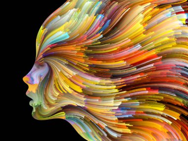 Yüz renk serisi. Zemin tasarımı insan profili ve boya işleri yaratıcılık, tasarım, iç dünya, insan doğası ve sanatsal ruhu için hareketli renkli çizgiler