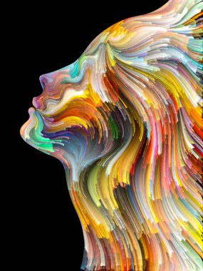 Yüz renk serisi. Zemin tasarımı insan profili ve boya işleri yaratıcılık, tasarım, iç dünya, insan doğası ve sanatsal ruhu için hareketli renkli çizgiler