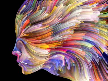 Yüz renk serisi. İnsan profili ve projelerde yaratıcılık, tasarım, iç dünya, içgüdü ve sanatsal ruhu için boya hareketli renkli çizgiler bileşimi