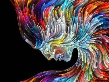 Yüz renk serisi. Zemin insan profili ve yaratıcılık, tasarım, iç dünya, içgüdü ve sanatsal ruh konusunda boya hareketli renkli çizgiler