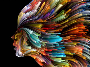 Yüz renk serisi. Zemin insan profili ve yaratıcılık, tasarım, iç dünya, insan doğası ve sanatsal ruhu projelerinde kullanmak için boya hareketli renkli çizgiler oluşur