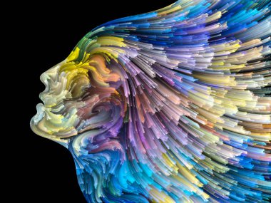 Yüz renk serisi. İnsan profili ve boya bir kavramı mecaz yaratıcılık, tasarım, iç dünya, insan doğası ve sanatsal ruhu konuda hareketli renkli çizgiler yaratıcı düzenleme