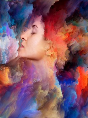 Kadının dünya serisi. Duygular, duygular, iç dünya, yaratıcılık ve hayal gücü konusunda canlı boya ile kadın portre bileşimi erimiş