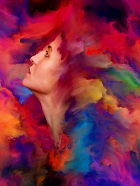 Kadınlar Dünya Serisi. Kadın portresinin arka planı duygular, duygular, iç dünya, yaratıcılık ve hayal gücü üzerine canlı boyalar ile kaynaştırılmış.