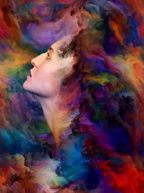 Kadınlar Dünya Serisi. Arkaplan, canlı boyayla kaynaşmış kadın portresinden oluşuyor ve duygular, iç dünya, yaratıcılık ve hayal gücü projelerinde kullanılmaya uygun.