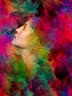 Kadınlar Dünya Serisi. Duygular, duygular, iç dünya, yaratıcılık ve hayal gücü üzerine projelerle birleştirilmiş kadın portresinin soyut arkaplanı.