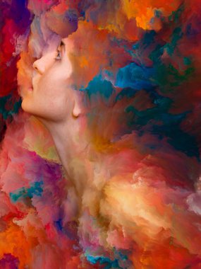 İç dış serisi. Duygular, duygular, iç dünya, yaratıcılık ve hayal gücü konusunda canlı boya ile soyut tasarım kadın portresi yapılan erimiş