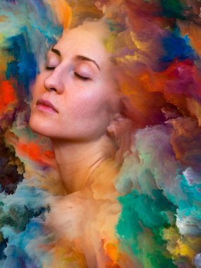 İç dış serisi. Kadın portre tasarlamak zemin inşaat üstünde duygular, duygular, iç dünya, yaratıcılık ve hayal gücü için canlı boya ile erimiş