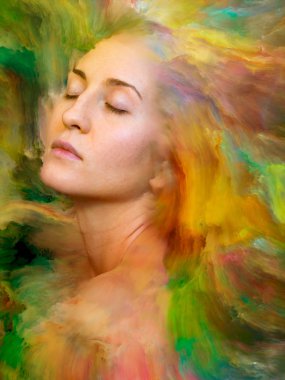 İç dış serisi. Zemin tasarımınızı duygular, duygular, iç dünya, yaratıcılık ve hayal gücü konusunda tamamlayacak canlı boya ile erimiş kadın portresi