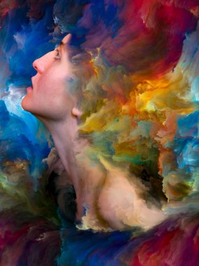 İç dış serisi. Duygular, duygular, iç dünya, yaratıcılık ve hayal gücü konusunda canlı boya ile soyut tasarım kadın portresi yapılan erimiş