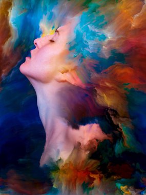 Dış serinin içinde. Duygular, duygular, iç dünya, yaratıcılık ve hayal gücü konularında bir metafor olarak kadın portresiyle birleştirilmiş bir tasarım.