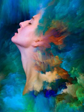 İç dış serisi. Kadın portre ile canlı boya duygular, duygular, iç dünya, yaratıcılık ve hayal gücü projelerde için uygun bir zemin olarak erimiş bileşimi