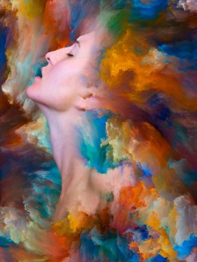 İç dış serisi. Kadın portre ile canlı boya duygular, duygular, iç dünya, yaratıcılık ve hayal gücü projelerde için uygun bir zemin olarak erimiş bileşimi