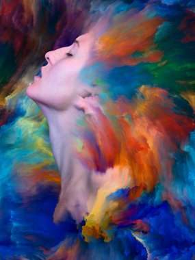 Dış serinin içinde. Kadın portresinin arka planı duygular, duygular, iç dünya, yaratıcılık ve hayal gücü üzerine canlı boyalar ile kaynaştırılmış.