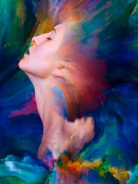 Dış serinin içinde. Kadın portresinin arka planı duygular, duygular, iç dünya, yaratıcılık ve hayal gücü üzerine canlı boyalar ile kaynaştırılmış.