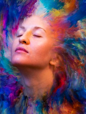 İç dış serisi. Duygular, duygular, iç dünya, yaratıcılık ve hayal gücü konusunda canlı boya ile arka plan kompozisyonu kadın portresi erimiş