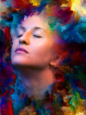 Dış serinin içinde. Kadın portresinin soyut bileşimi duygular, duygular, iç dünya, yaratıcılık ve hayal gücüyle ilgili projelere uygun canlı boyayla kaynaştırılmış.