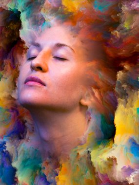 Dış serinin içinde. Kadın portresinin soyut bileşimi duygular, duygular, iç dünya, yaratıcılık ve hayal gücüyle ilgili projelere uygun canlı boyayla kaynaştırılmış.