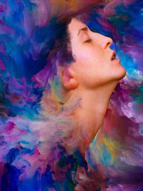 İç dış serisi. Duygular, duygular, iç dünya, yaratıcılık ve hayal gücü konusunda canlı boya ile arka plan kompozisyonu kadın portresi erimiş