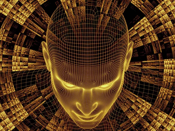 Promieniujący Umysł Renderowanie Drucianego Modelu Siatki Ludzkiej Głowy Fraktalnego Wzorca — Zdjęcie stockowe
