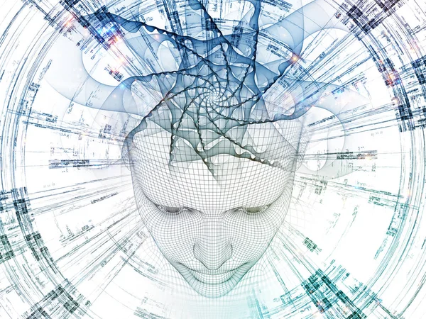心智的领域系列 电线头背景设计网格的人工智能技术 科学和技术学科的人类模型和分形格局 — 图库照片