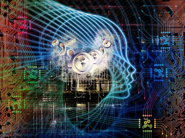 Cpu 情怀系列 背景下人脸的轮廓和技术符号上的计算机科学 人工智能和通信主题 — 图库照片