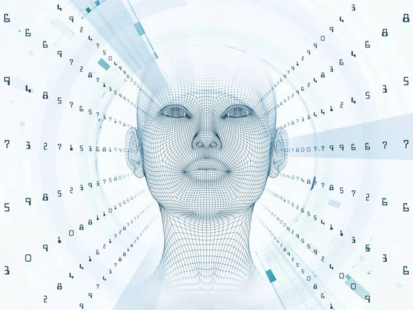 レンダリング 心フィールド シリーズ ワイヤー メッシュ人間モデルとフラクタル パターンの人工知能 科学および技術の主題の頭部のグラフィック組成 — ストック写真