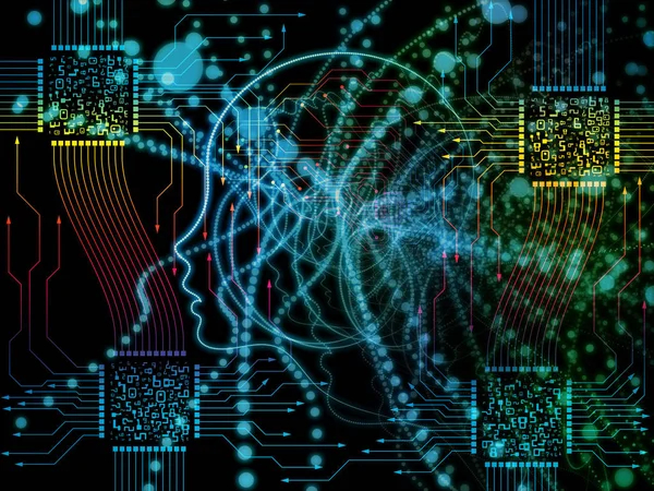 CPU zihin serisi. İnsan yüzü siluet ve teknoloji sembolleri bilgisayar bilimi, yapay zeka ve iletişim projeleri için bileşimi