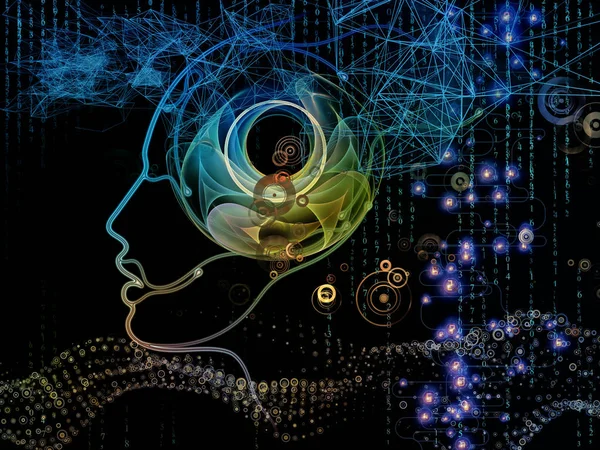 Digital Mind series. Artistic background made of silhouette of human face and technology symbols for use with projects on computer science, artificial intelligence and communications