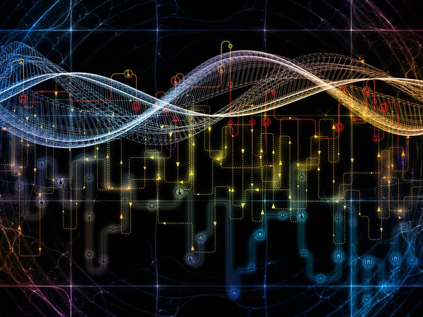 Bağlı dünya serisi. Ağ diyagramları, yüksek teknoloji sembolleri ve fraktal desen uygun modern teknoloji, eğitim ve bilgisayar iletişimle ilgili projelerde soyut kompozisyon
