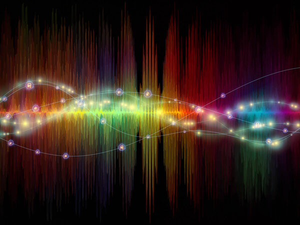 Серия Wave Function. Креативное расположение цветных синусовых вибраций, светлых и фрактальных элементов как концептуальная метафора на предмет звукового эквалайзера, музыкального спектра и квантовой вероятности
