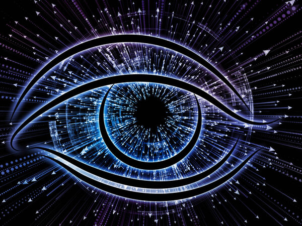 Eye of Knowledge series. Interplay of eye icon and arrow burst on the subject of  science, education and modern technology