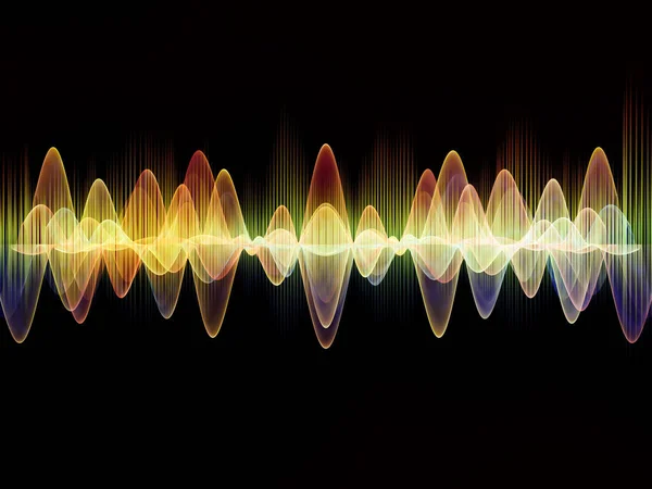 波函数系列 彩色正弦振动 光和分形元素作为声均衡器 音乐谱和量子概率项目背景的抽象排列 — 图库照片