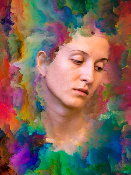 Inside Outside series. Artistic abstraction composed of female portrait fused with vibrant paint on the subject of feelings, emotions, inner world, creativity and imagination